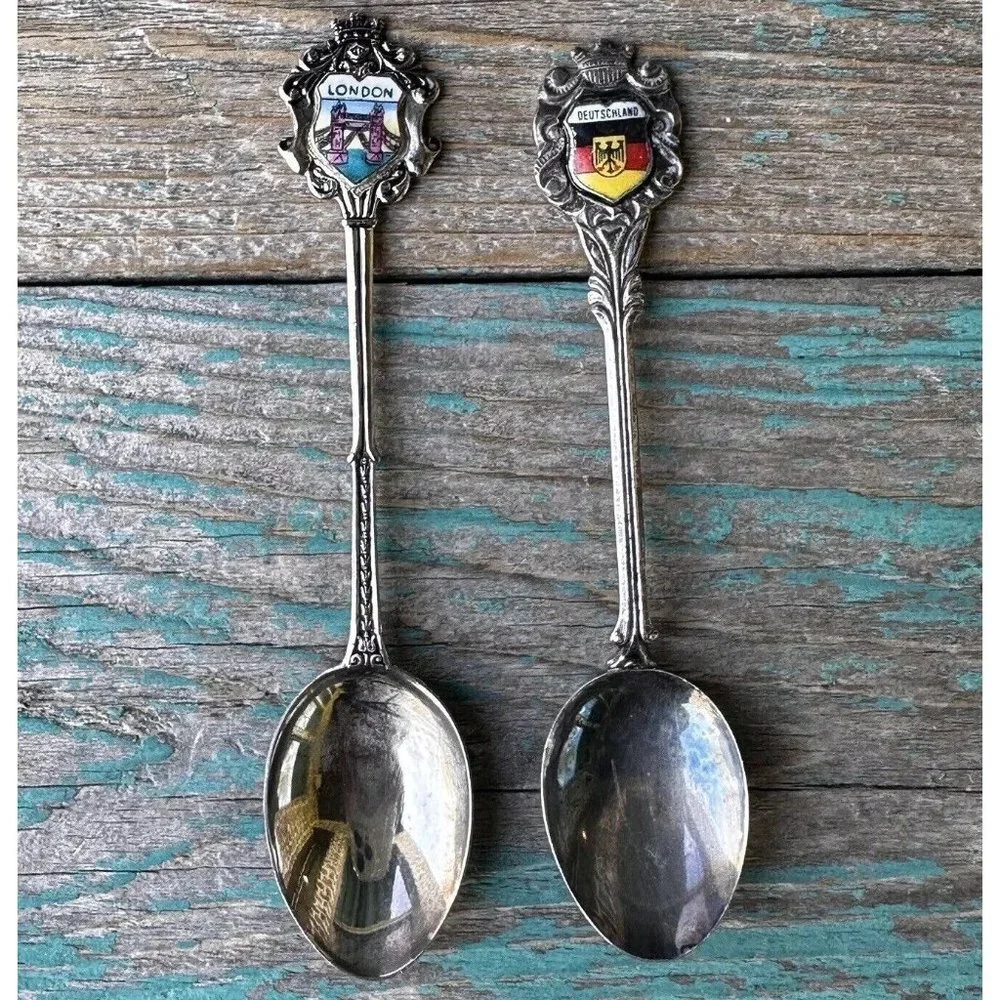 London German Deutschland Souvenir Spoons Silver Tone‎ Lot Of 2 Ornate Europe